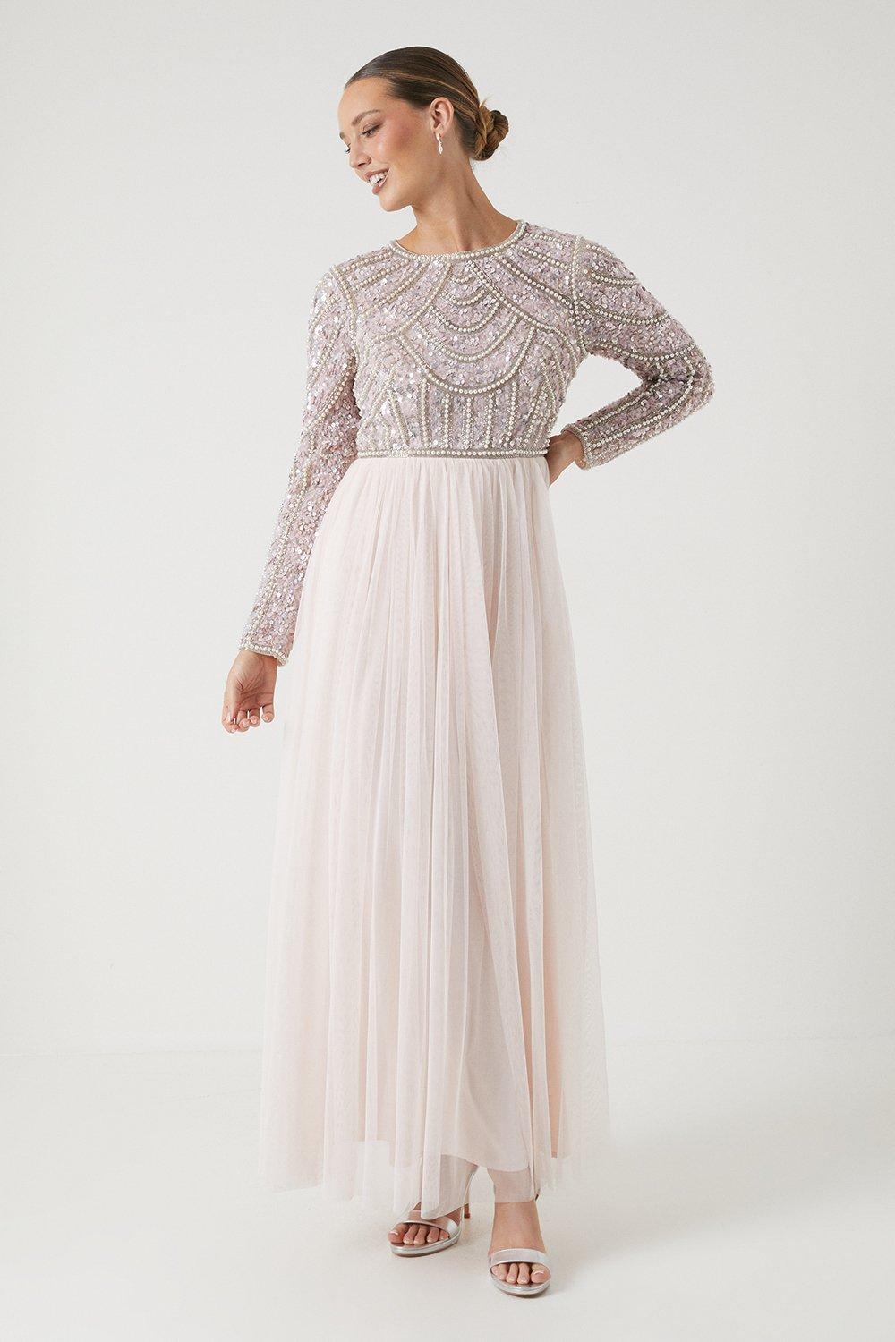 Pearl Embellished Bodice Bridesmaids Tulle Skirt Dress - Pale Pink